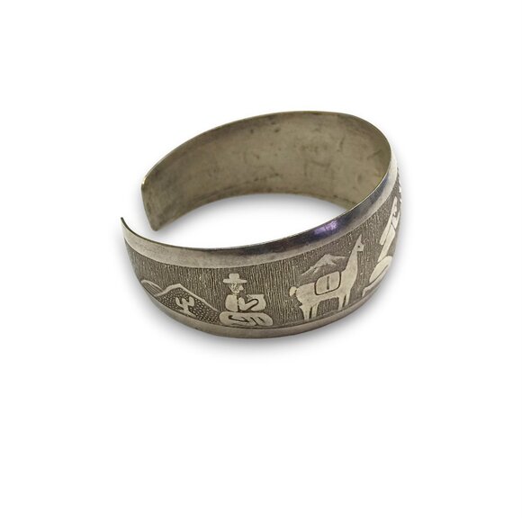 Vintage Sterling silver Storyteller Peruvian Etched Scene Cuff Bangle Bracelet - Picture 7 of 8